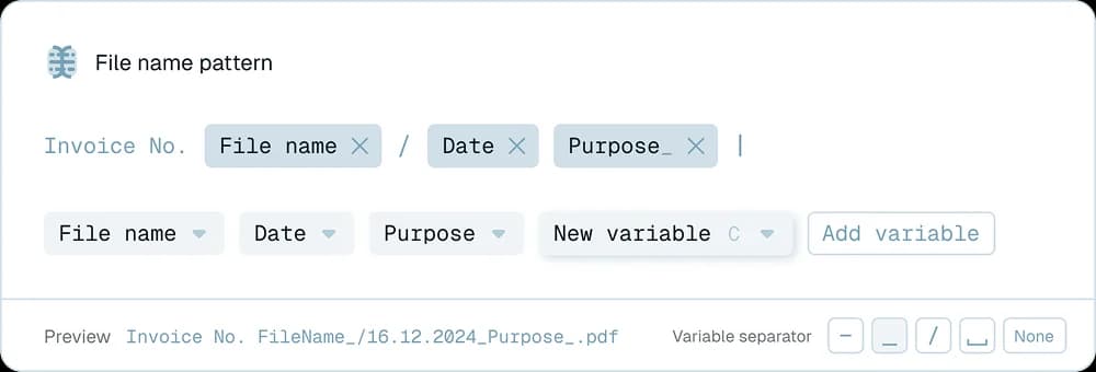 Pattern-based renaming editor showing a naming pattern with a live before/after preview column for a batch of PDFs