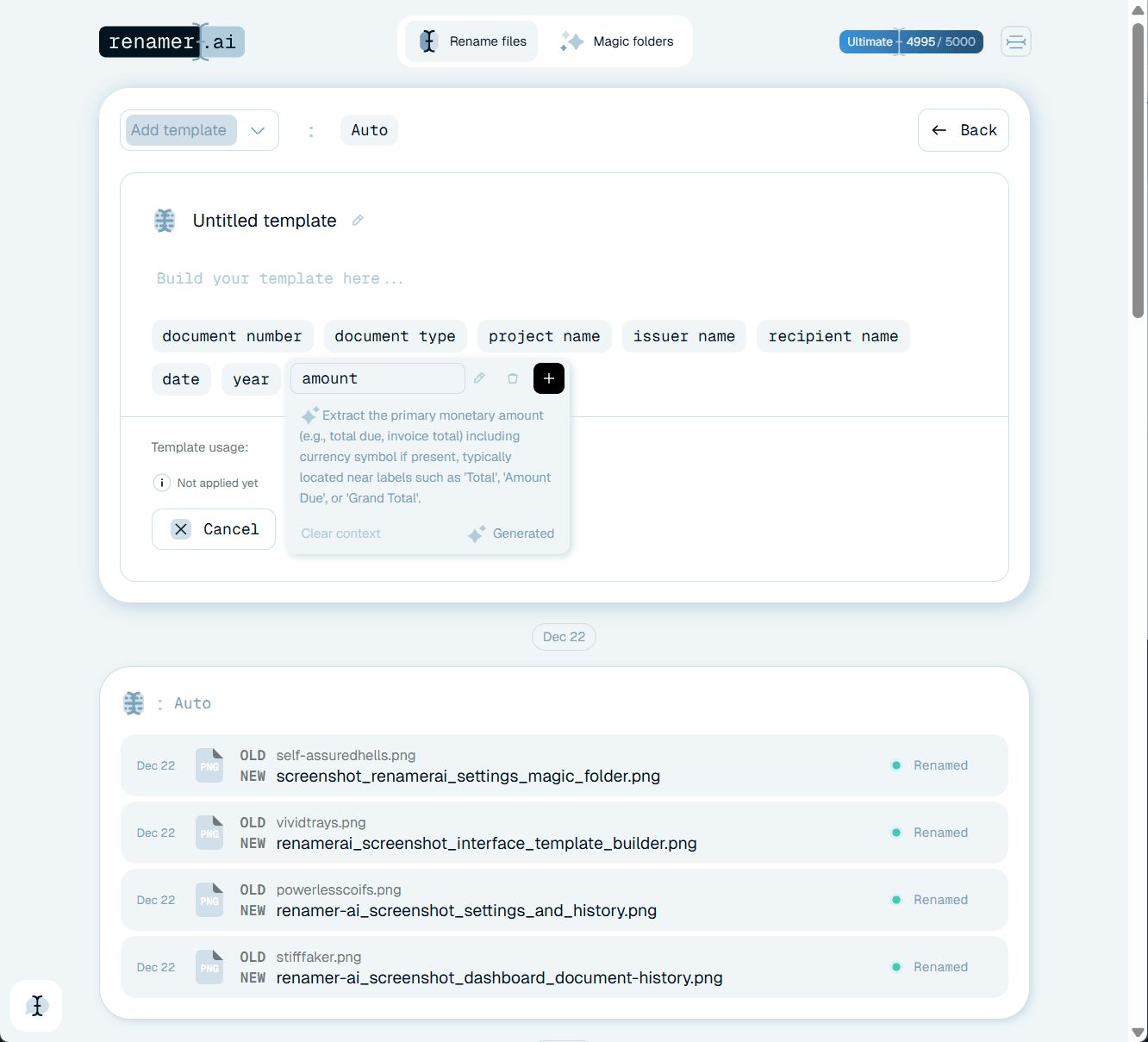 Renamer.ai naming template with invoice fields - document number, issuer, date, and amount - used to read and rename scanned invoices.