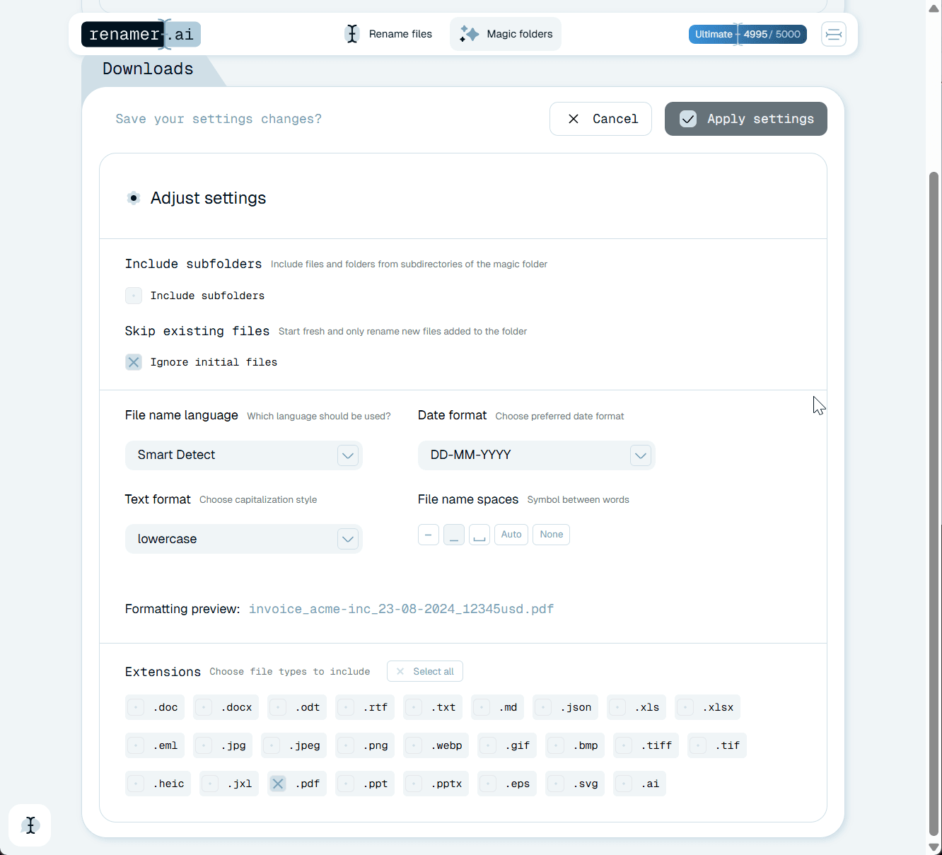 Renamer.ai Magic Folder settings renaming incoming invoices automatically, with a live preview of the invoice filename format.