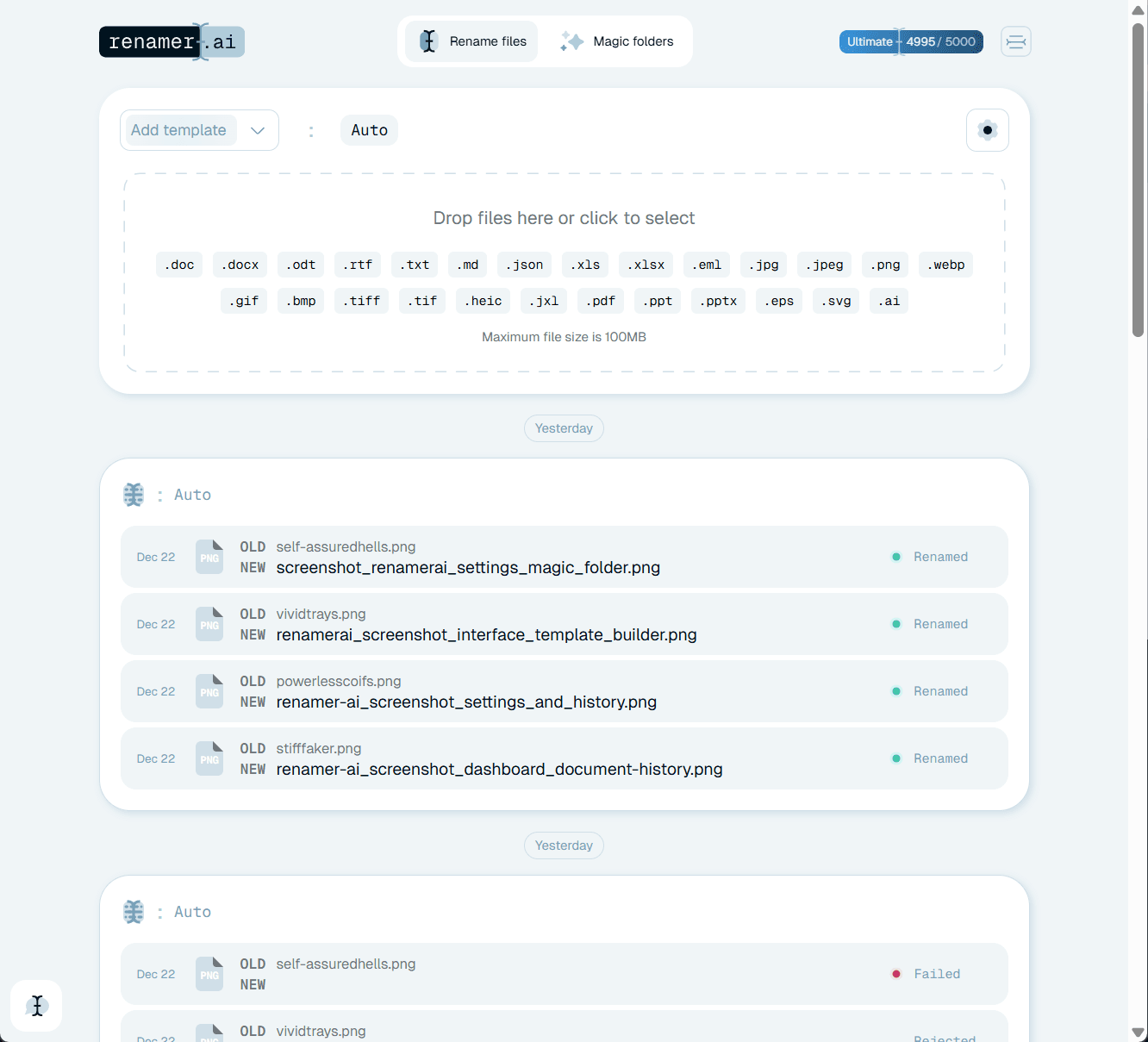 Renamer.ai dashboard processing files at intake with a full rename history, feeding a downstream capture platform.