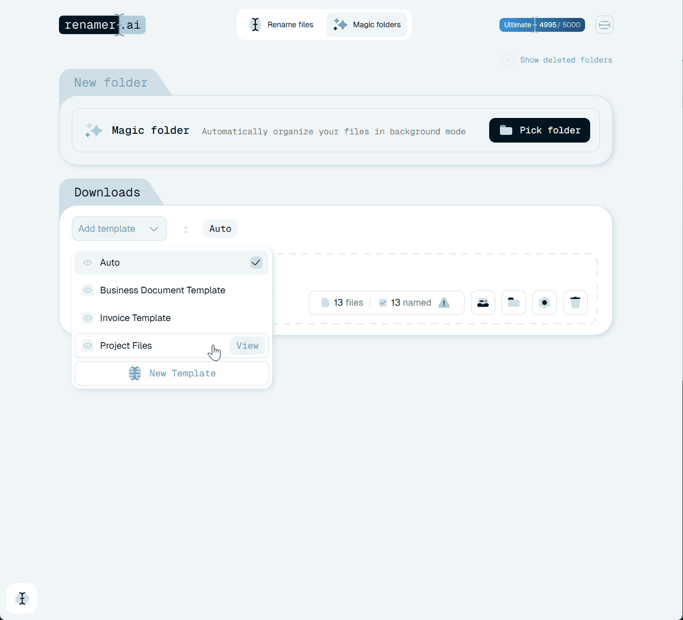 Renamer.ai applying a saved Invoice Template to a batch of files before they are imported into accounting software.