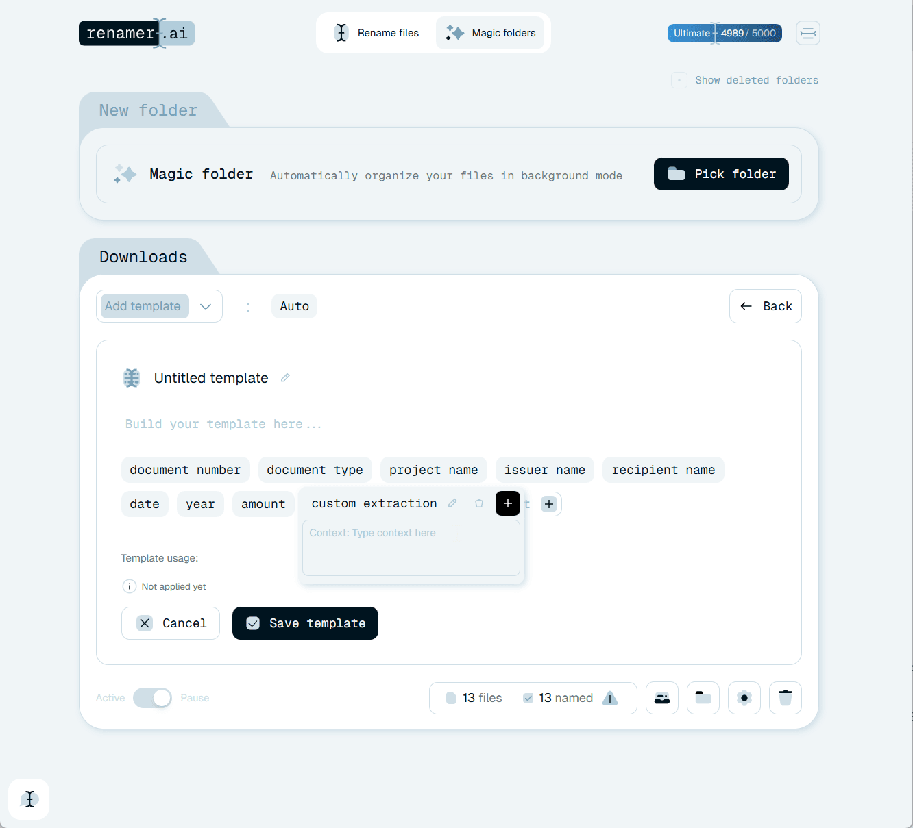 Renamer.ai Magic Folder intake with a naming template reading vendor, invoice number, date, and amount from each arriving invoice.