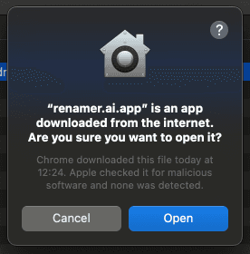 macOS security dialog showing how to open Renamer app