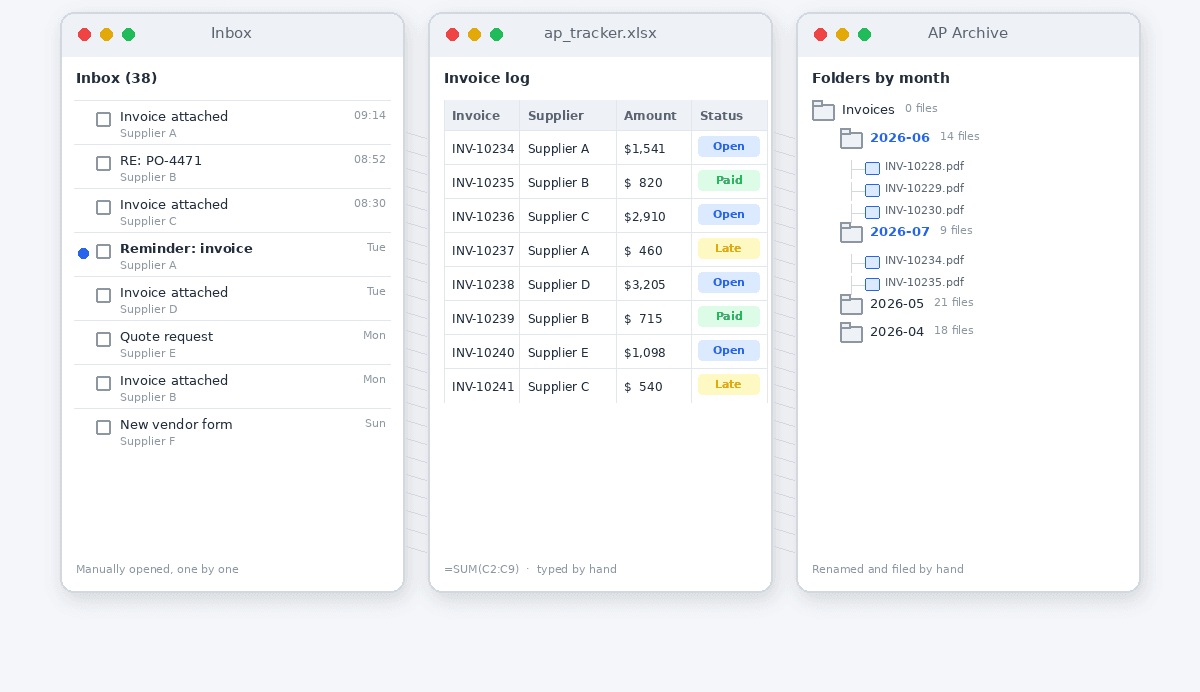 An email inbox, a tracking spreadsheet, and a dated folder tree side by side representing a manual AP workflow.