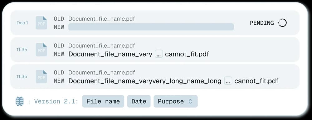 renamer.ai's preview screen showing a batch of PDFs with original filenames on the left and AI-suggested content-based filenames on the right, before renaming is confirmed