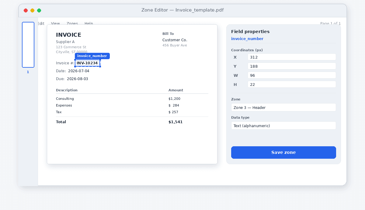 A fixed-zone tool's field-box editor showing a rectangle drawn around an invoice number field on a sample PDF, with the coordinate values visible